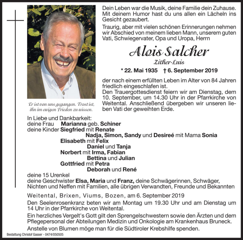  Traueranzeige für Alois Salcher vom 09.09.2019 aus Dolomiten
