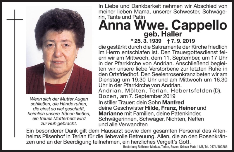  Traueranzeige für Anna Cappello vom 09.09.2019 aus Dolomiten