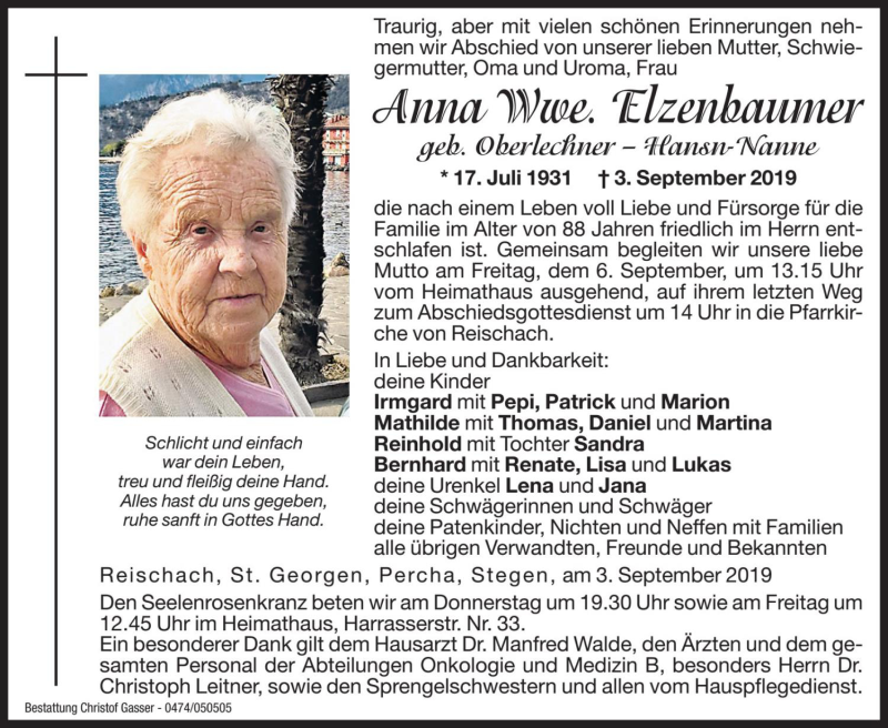  Traueranzeige für Anna Elzenbaumer vom 05.09.2019 aus Dolomiten