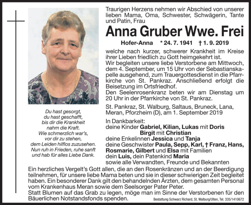  Traueranzeige für Anna Frei vom 03.09.2019 aus Dolomiten