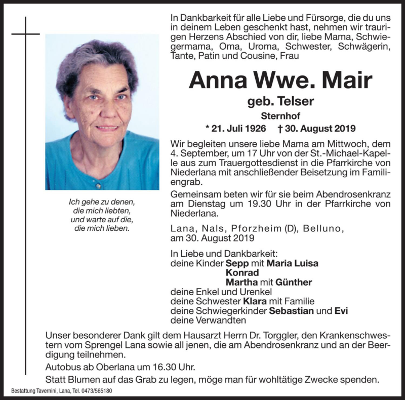  Traueranzeige für Anna Mair vom 03.09.2019 aus Dolomiten