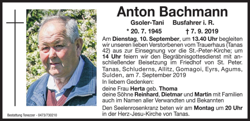  Traueranzeige für Anton Bachmann vom 09.09.2019 aus Dolomiten