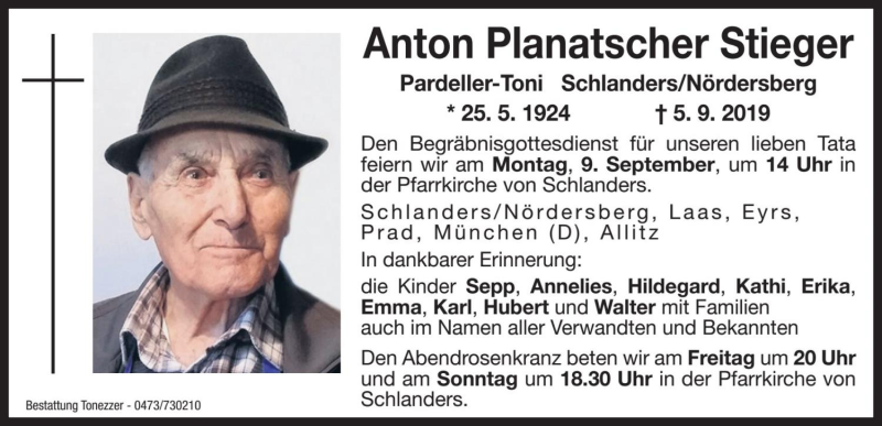 Traueranzeige für Anton Planatscher Stieger vom 06.09.2019 aus Dolomiten