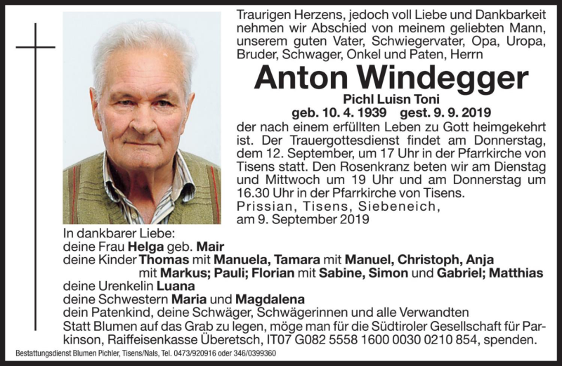  Traueranzeige für Anton Windegger vom 10.09.2019 aus Dolomiten