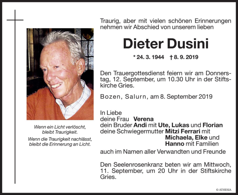  Traueranzeige für Dieter Dusini vom 10.09.2019 aus Dolomiten