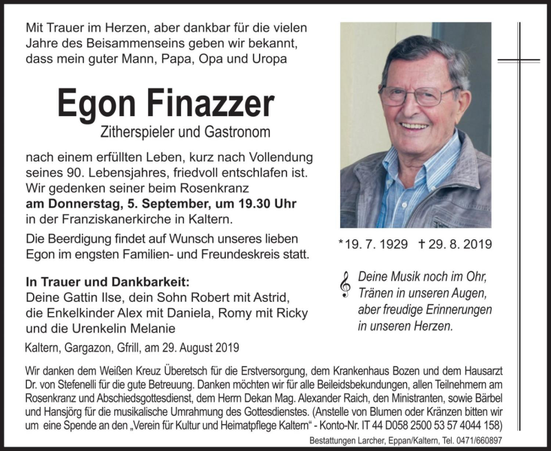  Traueranzeige für Egon Finazzer vom 04.09.2019 aus Dolomiten