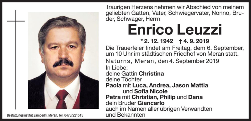  Traueranzeige für Enrico Leuzzi  vom 05.09.2019 aus Dolomiten