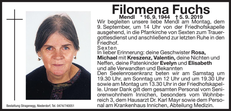  Traueranzeige für Filomena Fuchs vom 07.09.2019 aus Dolomiten