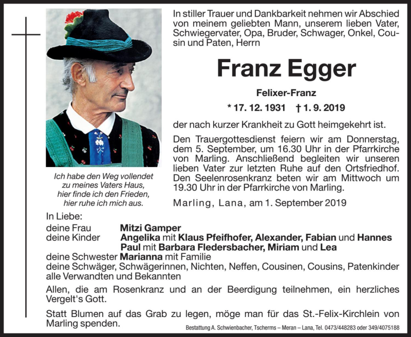  Traueranzeige für Franz Egger vom 03.09.2019 aus Dolomiten