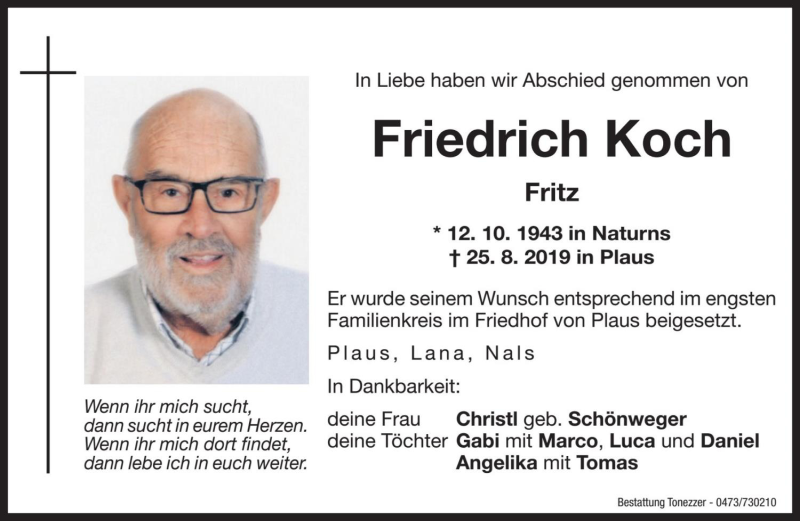  Traueranzeige für Friedrich Koch vom 06.09.2019 aus Dolomiten