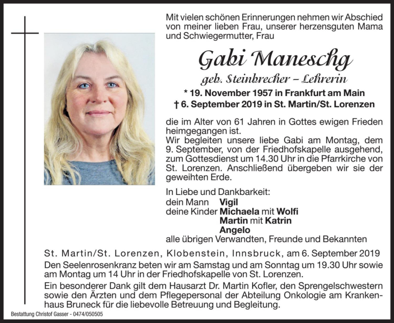  Traueranzeige für Gabi Maneschg vom 07.09.2019 aus Dolomiten