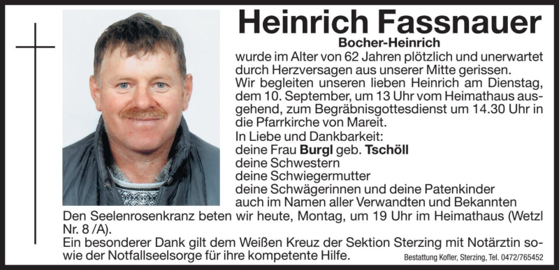  Traueranzeige für Heinrich Fassnauer vom 09.09.2019 aus Dolomiten