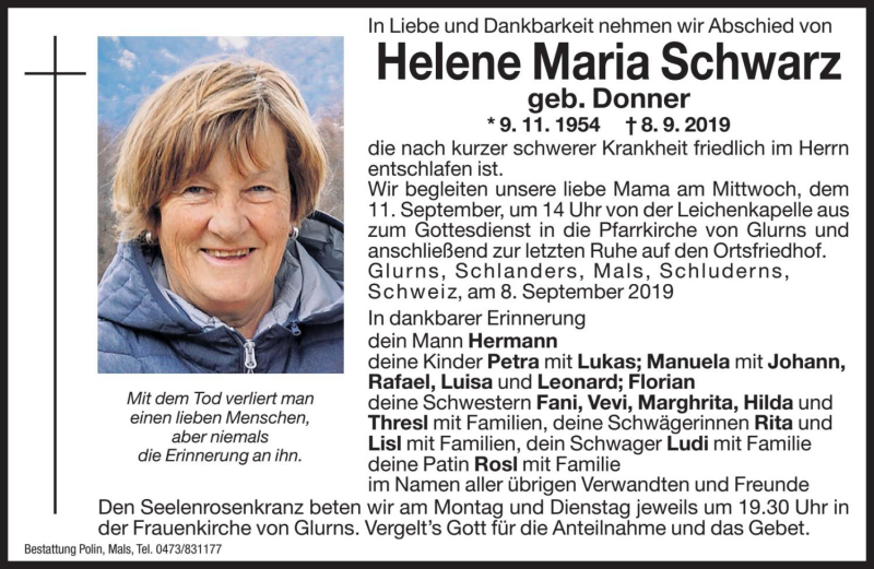  Traueranzeige für Helene Maria Schwarz vom 09.09.2019 aus Dolomiten