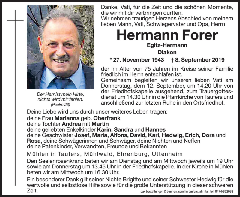  Traueranzeige für Hermann Forer vom 10.09.2019 aus Dolomiten