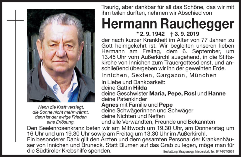  Traueranzeige für Hermann Rauchegger  vom 04.09.2019 aus Dolomiten