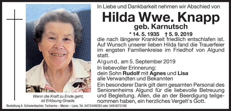  Traueranzeige für Hilda Knapp vom 10.09.2019 aus Dolomiten