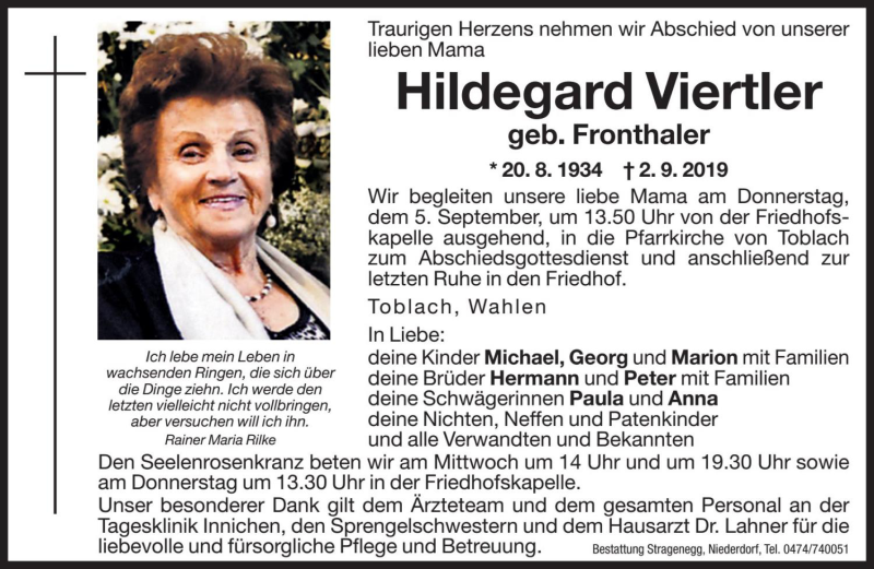  Traueranzeige für Hildegard Viertler vom 04.09.2019 aus Dolomiten