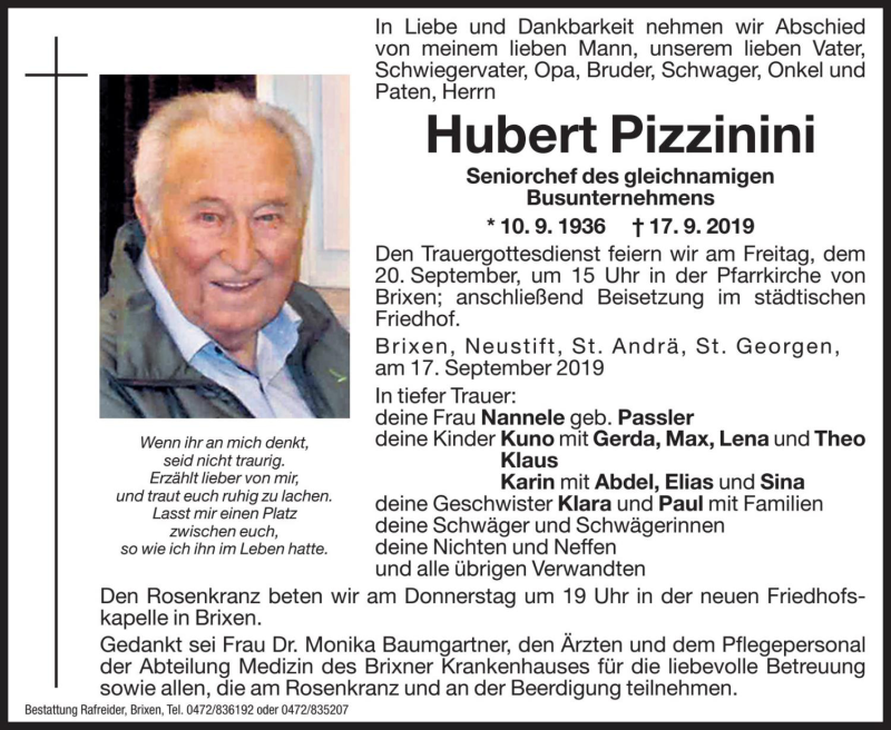  Traueranzeige für Hubert Pizzinini vom 18.09.2019 aus Dolomiten
