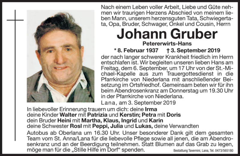  Traueranzeige für Johann Gruber  vom 05.09.2019 aus Dolomiten