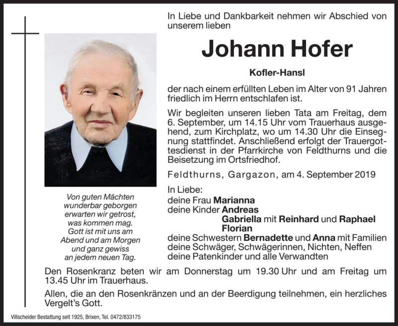  Traueranzeige für Johann Hofer vom 05.09.2019 aus Dolomiten