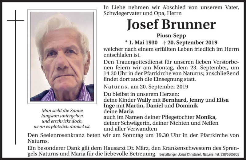  Traueranzeige für Josef Brunner vom 21.09.2019 aus Dolomiten