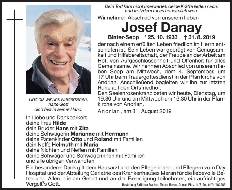  Traueranzeige für Josef Danay vom 03.09.2019 aus Dolomiten