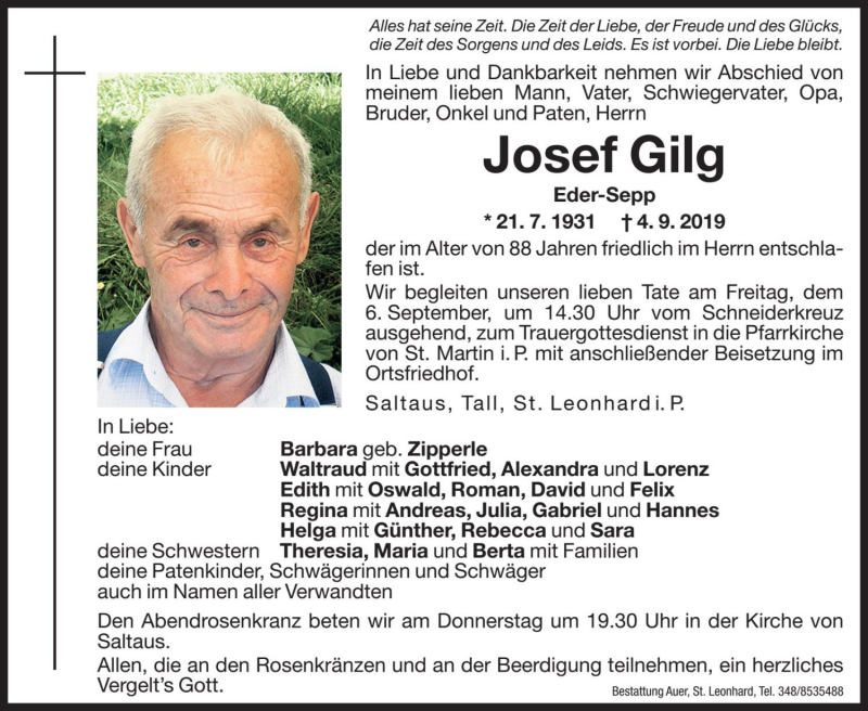 Traueranzeige für Josef Gilg vom 05.09.2019 aus Dolomiten