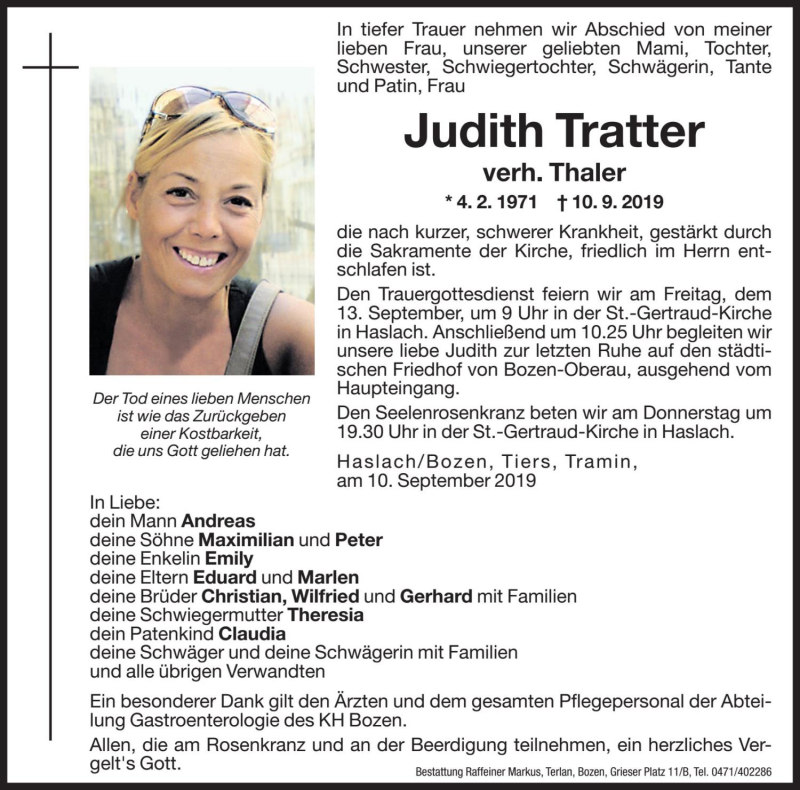  Traueranzeige für Judith Thaler vom 11.09.2019 aus Dolomiten
