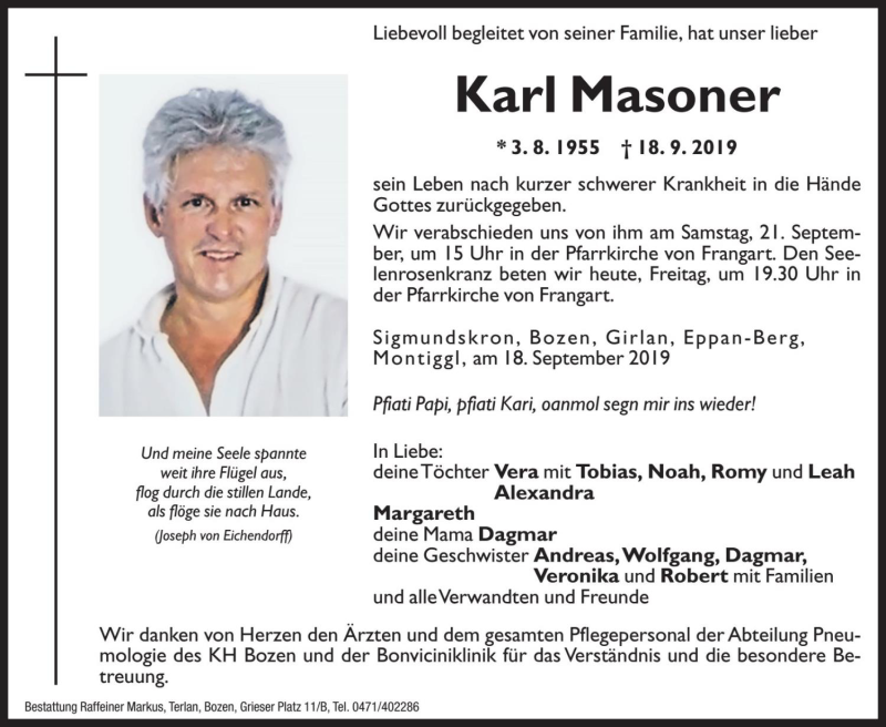  Traueranzeige für Karl Masoner vom 20.09.2019 aus Dolomiten