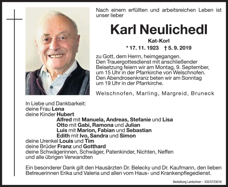  Traueranzeige für Karl Neulichedl vom 07.09.2019 aus Dolomiten