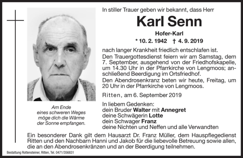  Traueranzeige für Karl Senn vom 06.09.2019 aus Dolomiten