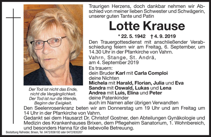  Traueranzeige für Lotte Krause vom 05.09.2019 aus Dolomiten