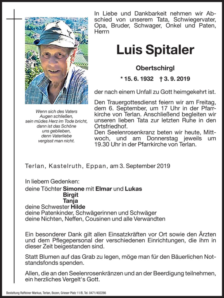  Traueranzeige für Luis Spitaler vom 04.09.2019 aus Dolomiten