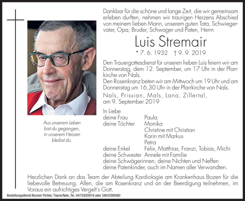  Traueranzeige für Luis Stremair vom 11.09.2019 aus Dolomiten