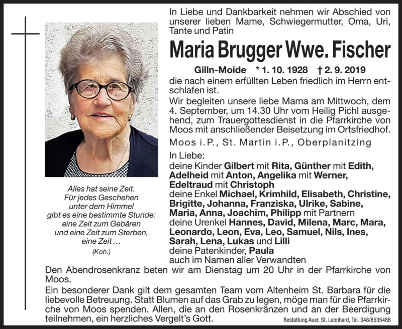  Traueranzeige für Maria Fischer vom 03.09.2019 aus Dolomiten