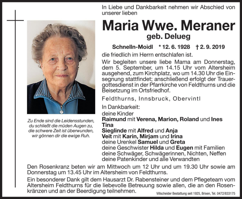  Traueranzeige für Maria Meraner vom 04.09.2019 aus Dolomiten