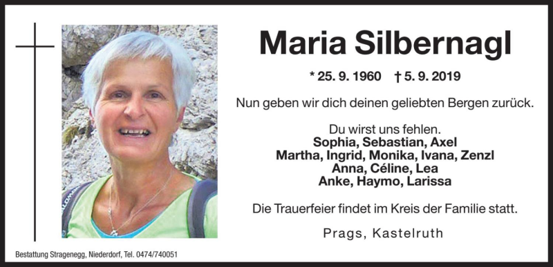  Traueranzeige für Maria Silbernagl vom 06.09.2019 aus Dolomiten
