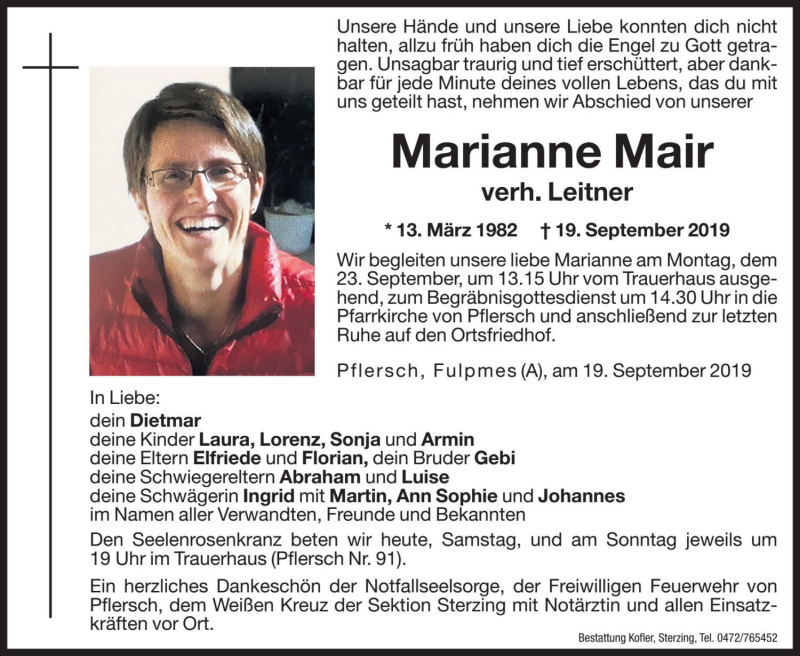  Traueranzeige für Marianne Leitner vom 21.09.2019 aus Dolomiten