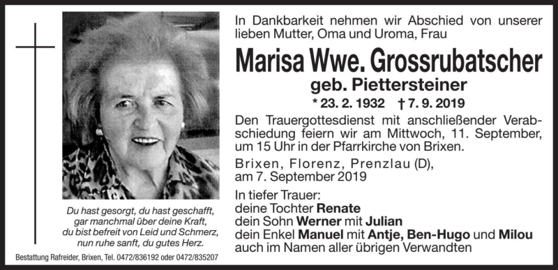  Traueranzeige für Marisa Grossrubatscher vom 10.09.2019 aus Dolomiten