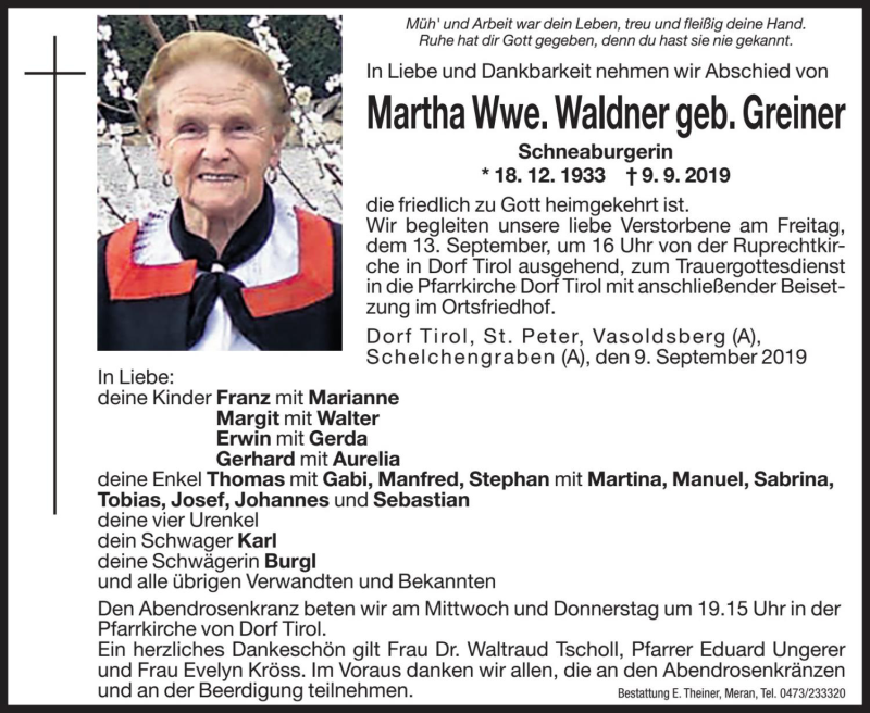  Traueranzeige für Martha Waldner vom 11.09.2019 aus Dolomiten