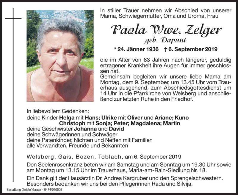  Traueranzeige für Paola Zelger vom 07.09.2019 aus Dolomiten