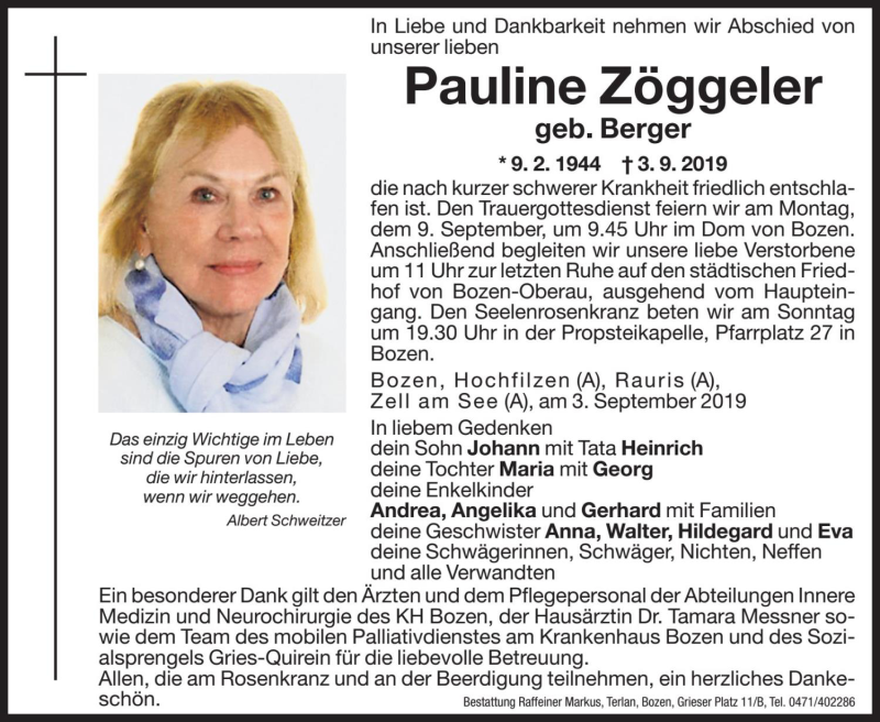 Traueranzeige für Pauline Zöggeler vom 06.09.2019 aus Dolomiten