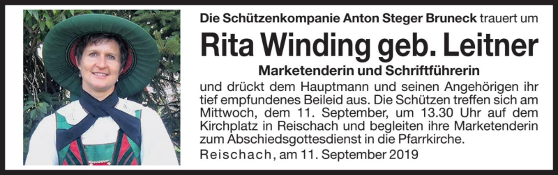  Traueranzeige für Rita Winding vom 11.09.2019 aus Dolomiten