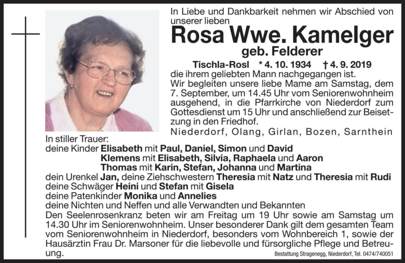  Traueranzeige für Rosa Kamelger vom 06.09.2019 aus Dolomiten