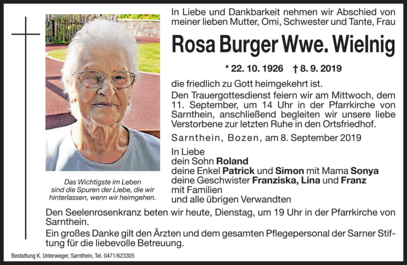  Traueranzeige für Rosa Wielnig vom 10.09.2019 aus Dolomiten