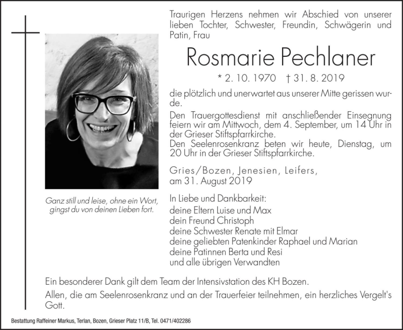 Traueranzeige für Rosmarie Pechlaner vom 03.09.2019 aus Dolomiten