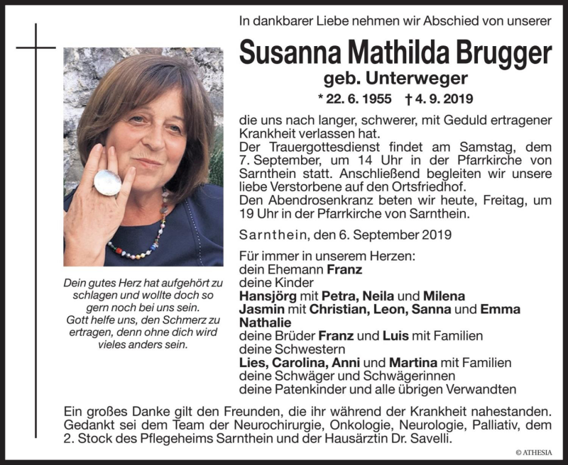  Traueranzeige für Susanna Mathilda Brugger vom 06.09.2019 aus Dolomiten