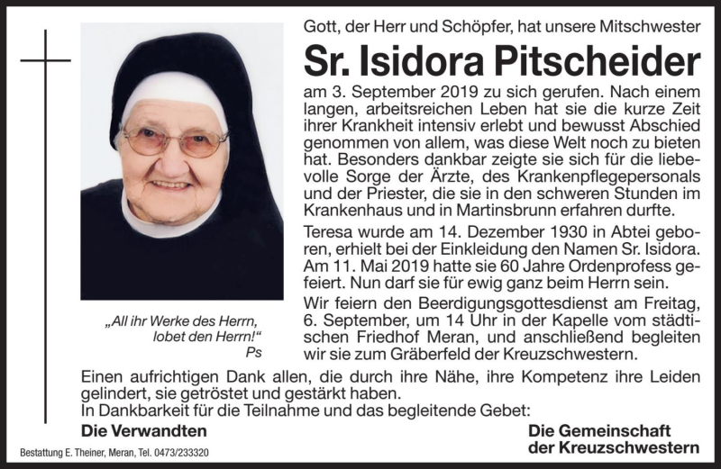  Traueranzeige für Teresa Pitscheider vom 05.09.2019 aus Dolomiten