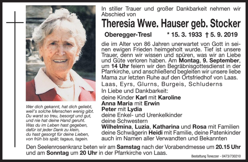  Traueranzeige für Theresia Hauser vom 07.09.2019 aus Dolomiten