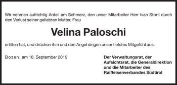 Traueranzeige von Velina Paloschi von Dolomiten